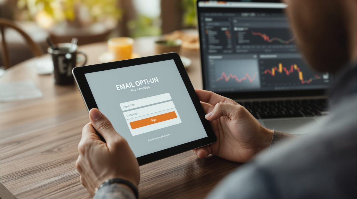 Tablet signup screen showing an email opt-in form for a fitness business